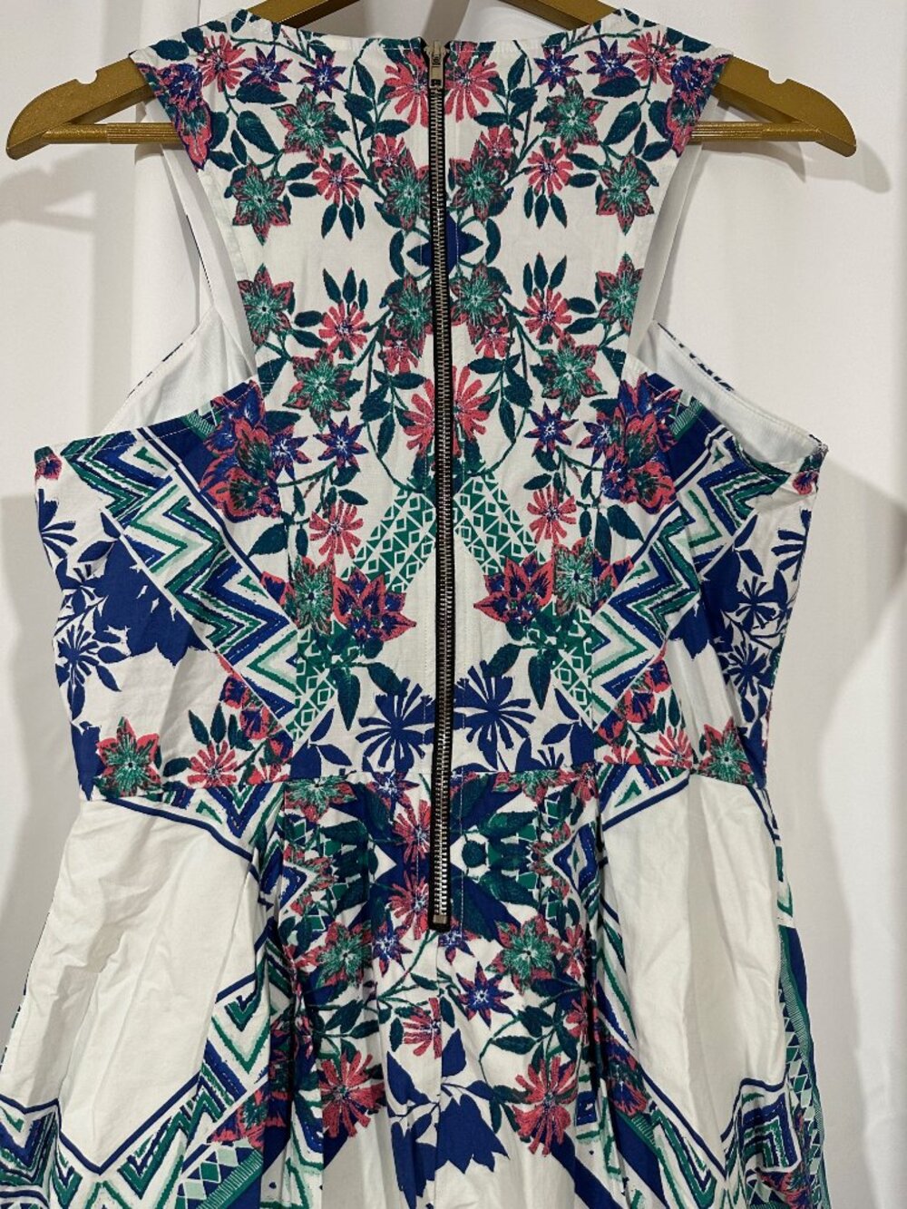 Boho Floral Fit & Flare Dress Large Blue White Cotton Border Print - Picture 10 of 12